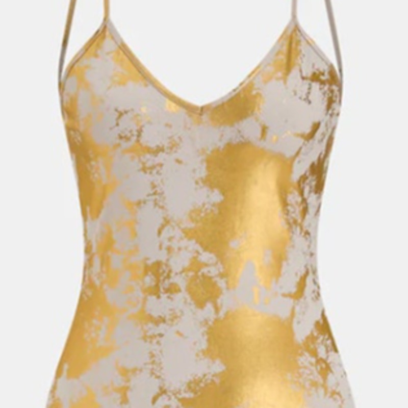 Commense Gold Metallic Print Backless Maxi Slip Dress L - Resort Goddess Glam